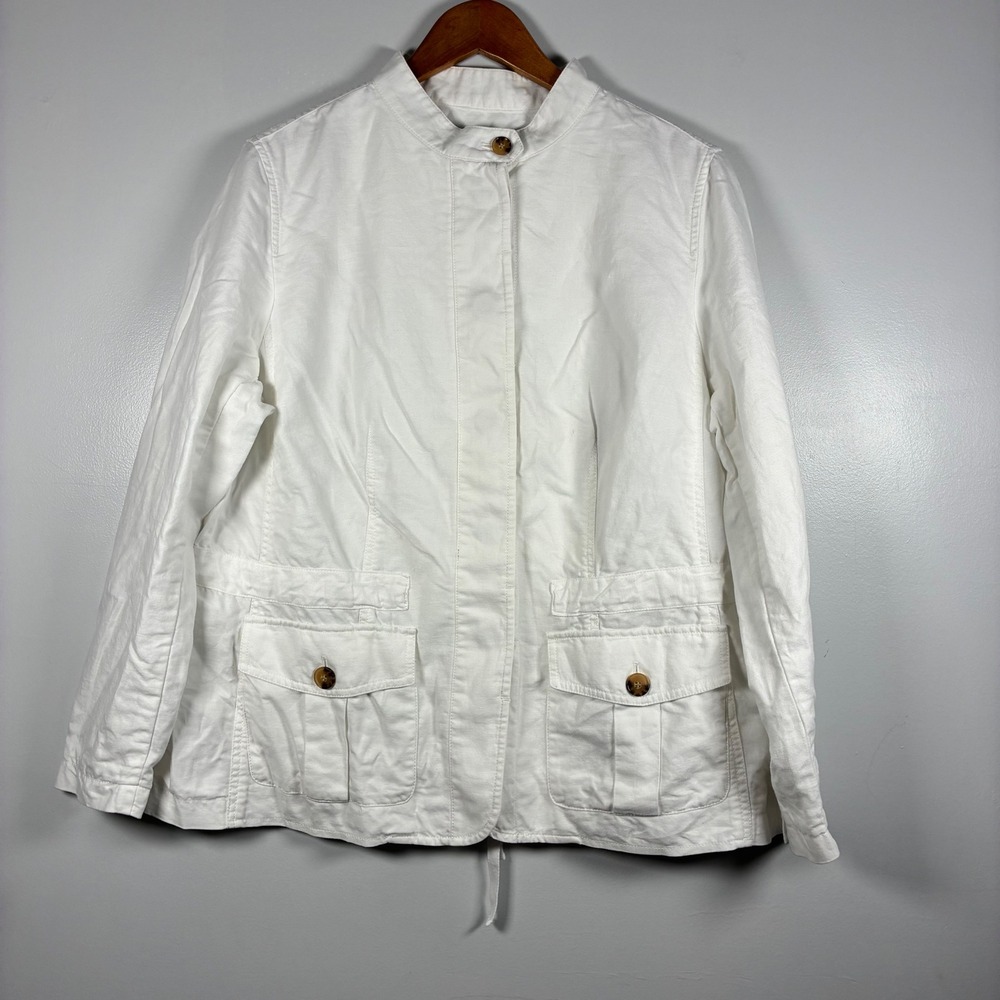 Talbots Utility Jacket L Linen Blend Mock Neck Coastal Grandma Preppy Safari